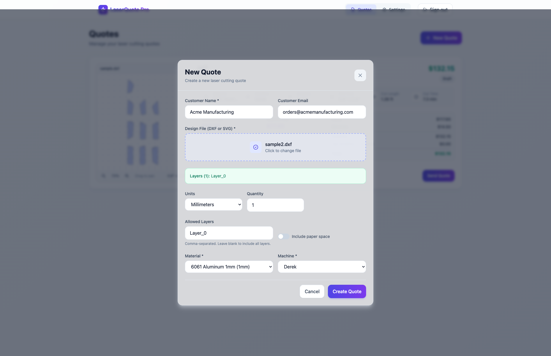 New quote form with file upload