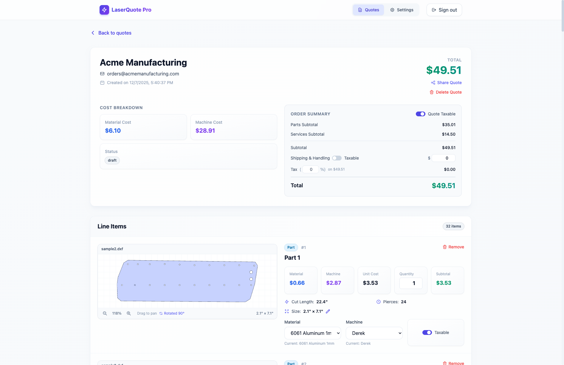 NanoQuote interface showing a quote with part preview and price breakdown