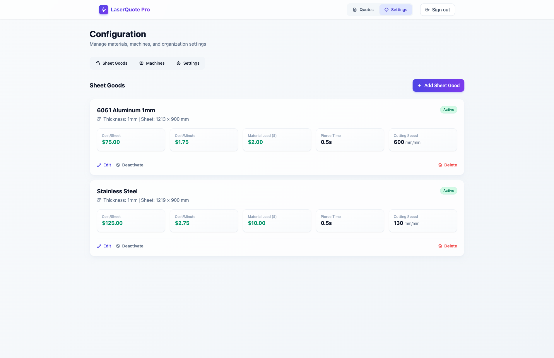 Material configuration settings